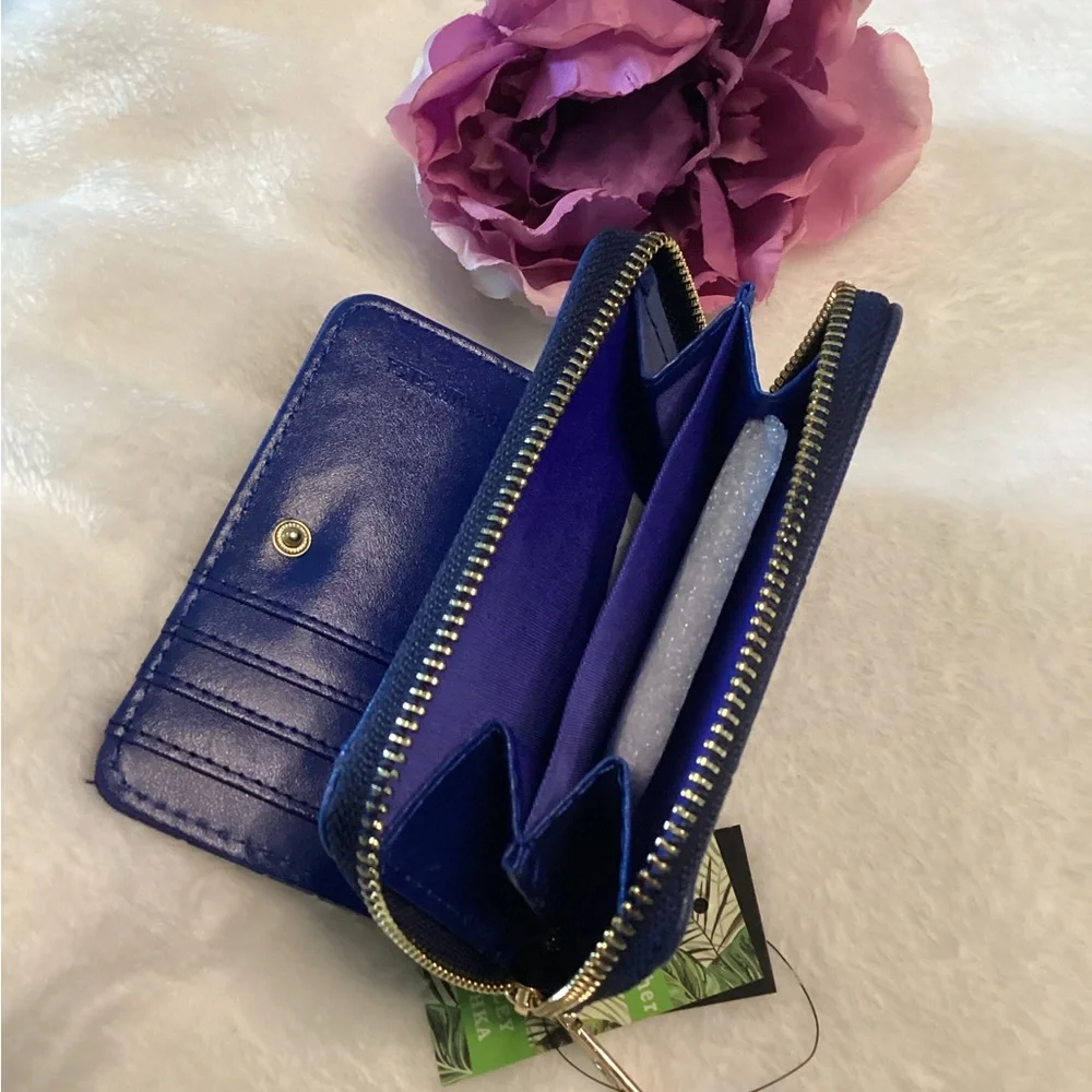Badgley Mischka Zip Around Wallet Electric Blue Monogram Vegan Leather NWT Glam - Picture 3 of 6